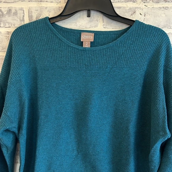 Chico’s Teal Ribbed Knit Raglan 3/4 Sleeve l Pullover Tunic Sweater Top Large 12 - Picture 4 of 8